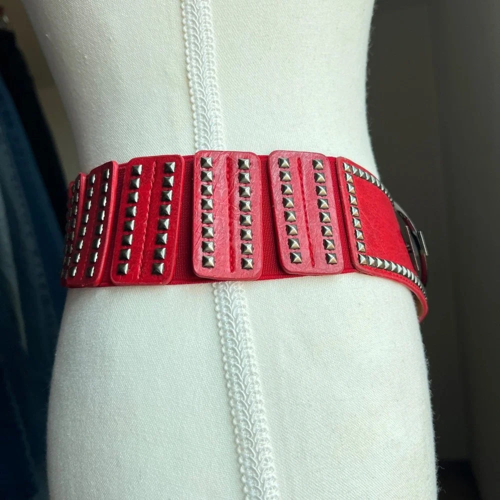 Y2K Studded Asymmetrical Elastic Cinch Waist Belt Statement Red Punk Thick Wide